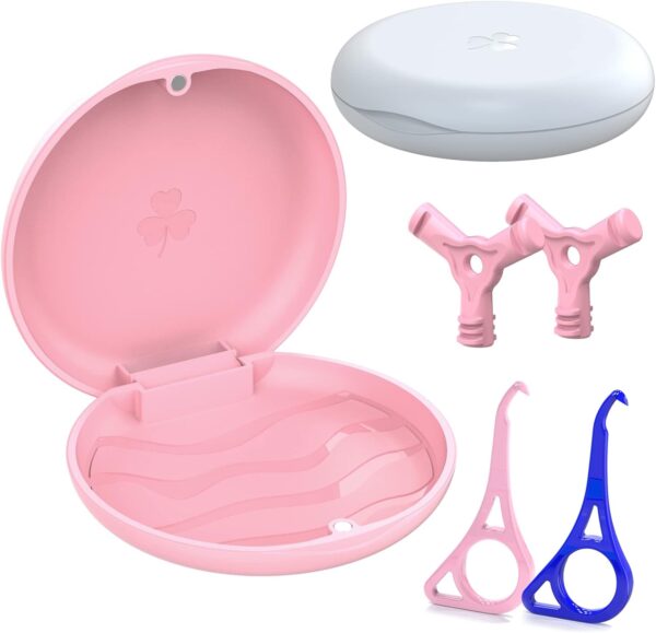 Caja Para Aparatos de Ortodoncia,2X Caja Dentadura Postiza, Caja De Retenedor, Caja De Almacenamiento De Dentadura, con 2X Herramienta de Extracción de Alineador, 2X Chewies Forma de Y, Rosa+Blanco