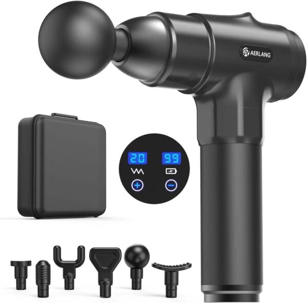AERLANG Pistola de Masaje Muscular, Pistola Masajeadora Muscular Eléctrica Masajeador de Músculos de,Seis Cabezales Ajustables Diferentes Para,Opción de 20 Velocidades-Regalos para mujeres y hombres