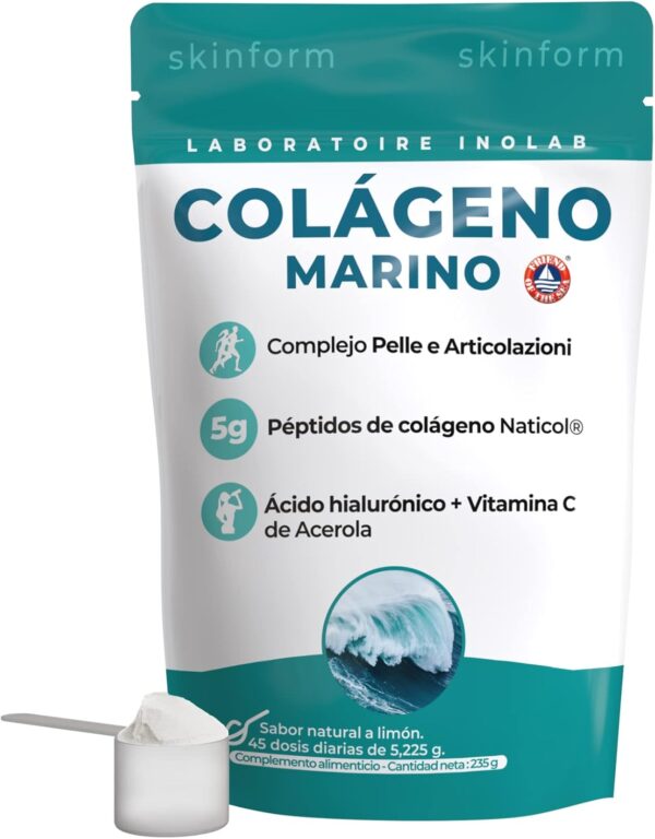 INOLAB Colágeno marino hidrolizado puro Ácido hialurónico Acérola 5225mg 45 días/Patente premium Naticol : Efectos clinicamente comprobados/sabor natural de limón