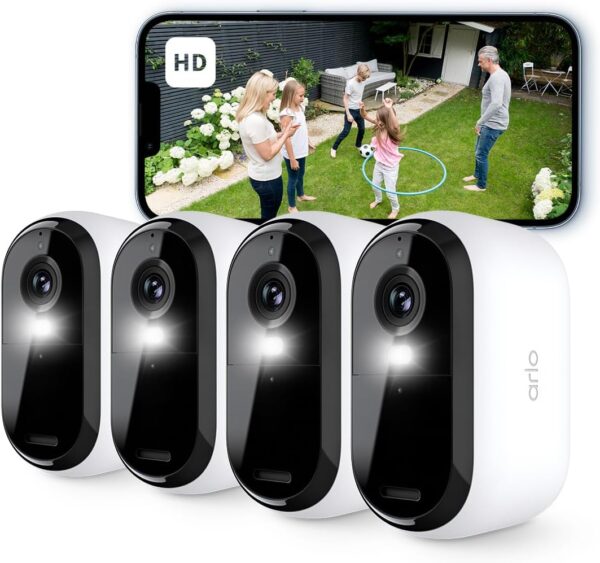 Arlo Essential 2 Camara Vigilancia WiFi Exterior HD, Camara Vigilancia WiFi Interior, Sensor de Movimiento, Alarmas Para Casa, Visión Nocturna En Color, Prueba Arlo Secure Incluida, 4 Cámaras, Blancas