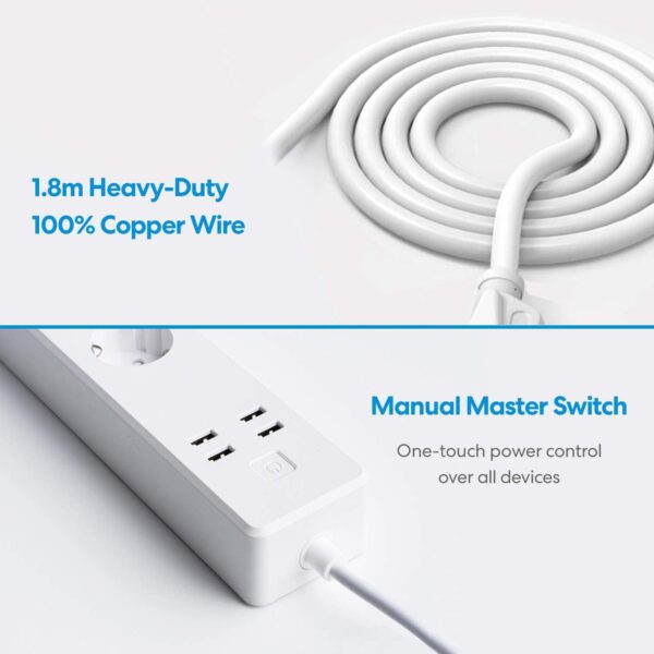 Meross Regleta Inteligente WiFi, Enchufe Múltiple de 3 Tomas+4 Puerto USB, 1,8 Metro, Compatible con Alexa y Google Home, Control Remoto por App, 16A, 3840W - Image 5