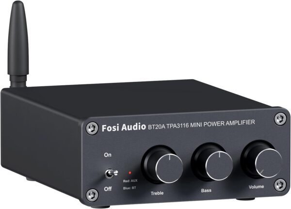 Fosi Audio BT20A Amplificador Bluetooth, 100W x 2 Mini Stereo 2CH Amp Clase D, con chips TPA3116 y Controles de Agudos de Graves para Audio Doméstico Altavoces de Escritorio Pasivos al aire Libre