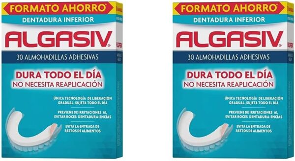 Algasiv Almohadillas Adhesivas para Dentaduras Postizas Inferiores, Dura Todo el Día y Protege las Encías, 30 Unidades (Paquete de 2)