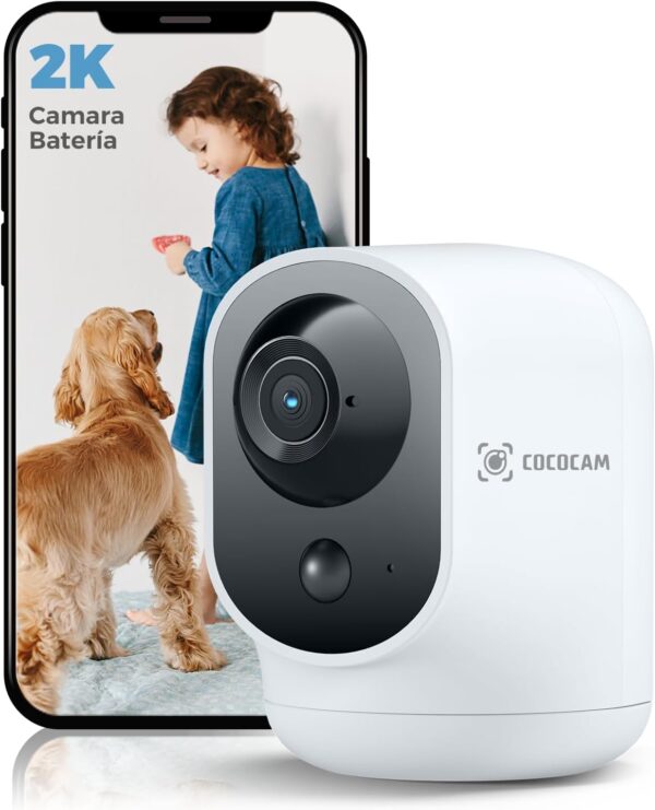 COCOCAM 2K Camara Vigilancia WiFi Interior Sin Cable con Batería 5200mAh, 355°P 90°T Inalámbrica para Vigilancia Bebés/Cámara Mascotas/Cuidado Ancianos, Reconocimiento AI, Detección Humana PIR