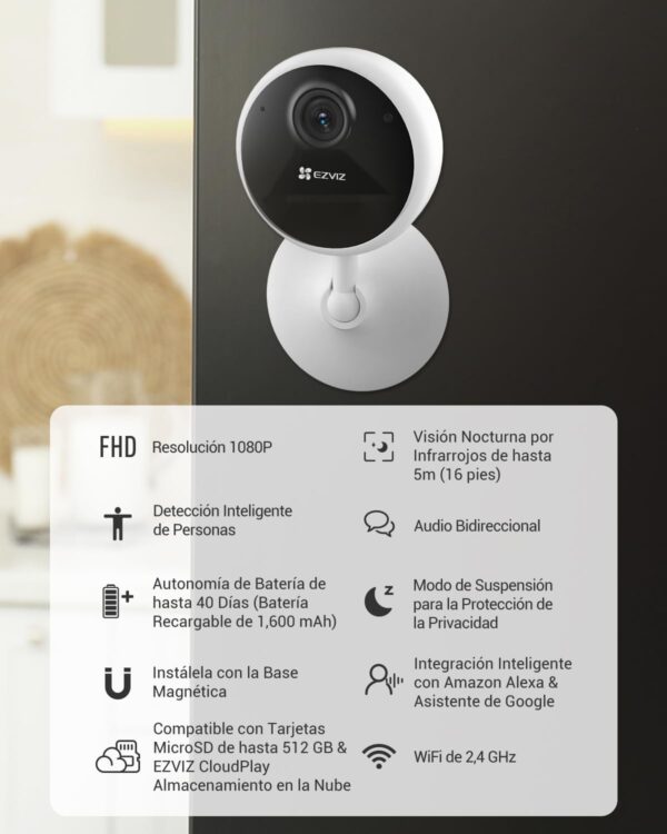 EZVIZ Camara Vigilancia WiFi Interior con Bateria de 40 Dias 1080P Camara IP de Seguridad, Deteccion de Persona Humana, Audio Bidireccional, Soporta Tarjeta hasta 512GB,Compatible con Alexa,CB1 - Image 3