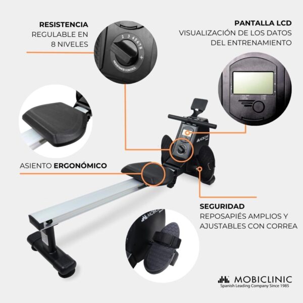 Mobiclinic® Fitness, Maquina de Remo, RowFit, 8 Niveles de Resistencia, Silencioso, Resistencia magnética, Monitor LCD, Soporte para móvil, hasta 120 kg, Volante de inercia de 6kg, Gym en casa - Image 5
