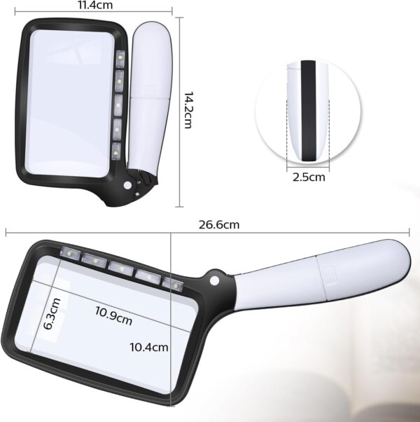 Kaome Lupa Rectangular con Lupa de luz, Grande, Plegable, de Mano, 5 LED, 2 Modos de atenuación, 2 Modos de Lectura para Personas Mayores, Libros de Baja visión, periódicos y mapas de joyería - Image 2