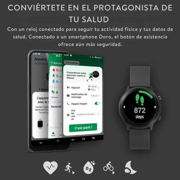 Doro Watch - Reloj Inteligente Mayores - Smartwatch Hombre y Mujer - Reloj Digital - Fitness - Pulsera Actividad - Reloj Seniores Resistente al Agua - Podómetro - Pulsómetro - Android y iOS (Negro) - Image 5