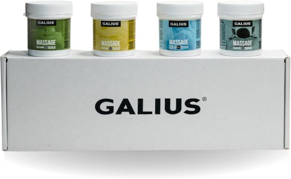 Galius - Pack de 4 Aceites Corporales Sólidos para Masaje 100ml - Aceite Masaje Efecto Frío, Neutro, Relajante, de Romero - Aceites Esenciales - Ideal para Profesionales y Deportistas - No Mancha Ropa