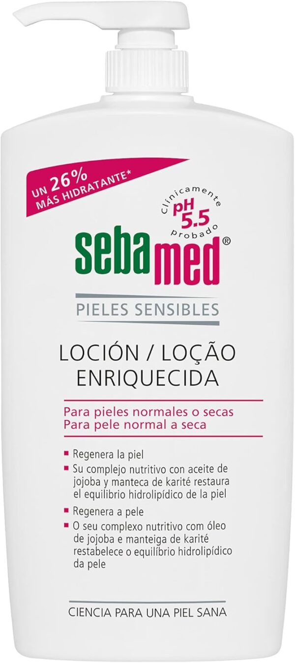 Sebamed Loción Enriquecida 1L - Crema hidratante corporal enriquecida para pieles secas sensibles, indicada para uso diario