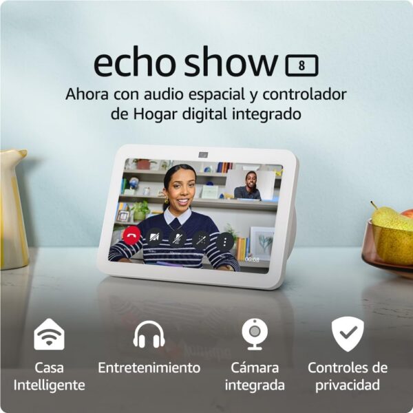 Echo Show 8 (Última generación) | Pantalla táctil inteligente de alta definición con audio espacial, controlador de Hogar digital y Alexa | Blanco