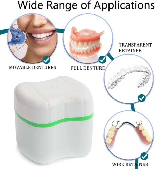 Estuche para 2 dentaduras postizas, juego de cepillos para dentaduras postizas, con cepillos limpiadores para dentaduras postizas, para almacenamiento de dientes postizos, limpieza, verde + azul - Image 6