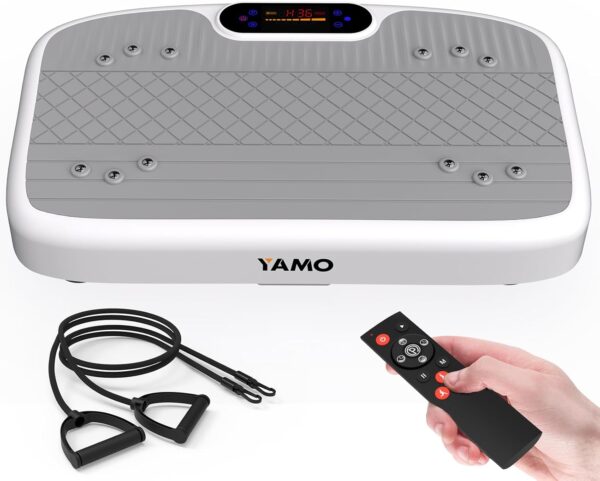 YAMO Plataforma Vibratoria | 5 Programas + 99 Niveles de Vibración | Plataforma Vibración Muscular para Hacer Ejercicio en Casa con Mando a Distancia y Bandas Elásticas