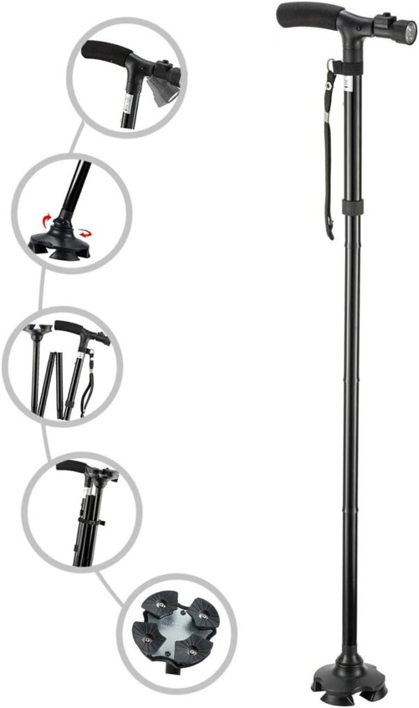Bastón Plegable con luz LED, Altura Ajustable fiable, Ligero, Plegable, con Mango en T y Base pivotante…