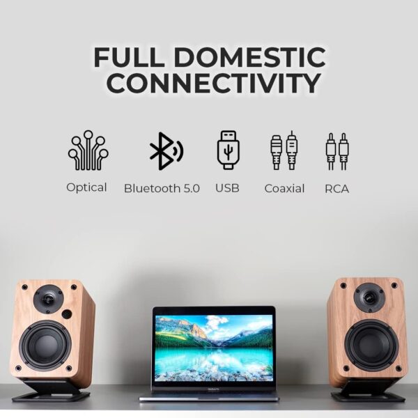 VULKKANO A4 Altavoces Autoamplificados con Woofer de 4", Bluetooth 5.0, Optica, RCA, Coaxial, USB, Monitores de Estudio con Diseño Elegante, Color Marron - Image 3