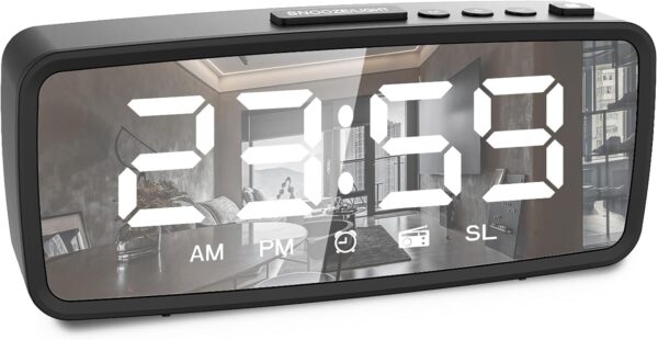 ThreeH Radio Reloj Despertador FM76-108 MHz 15 Niveles Volumen Fuerte Reloj Despertador para Personas Mayores Dormilón Pesado 2 Sonidos Timbre Alimentación por Cable y Batería Negro