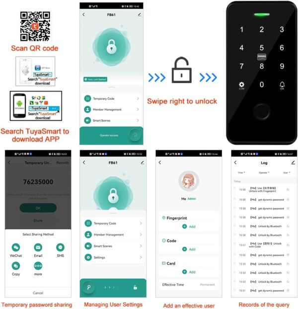 QTTYELOK NFC Bluetooth Tuya Control de Acceso Teclado RFID IP68 Impermeable Huella Dactilar Biometría Sistema Inteligente de Desbloqueo APP + 10pcs 13.56mhz llavero - Image 4