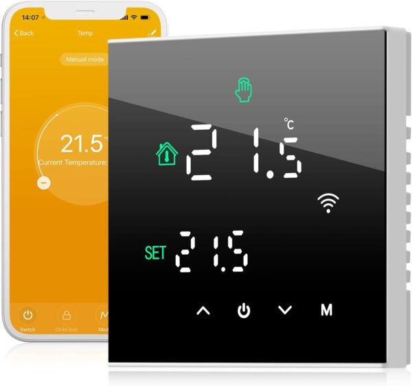Beok Termostato Tuya WiFi para Calefacción de Calderas, Termostato con Alexa Control Vocal,Termostato Inteligente de Ambiente de Programación,Pantalla Táctil LCD Compatible con Google Assistant Negro