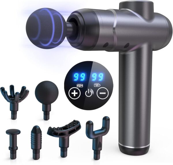 Pistola de Masaje muscular,Pistola de Masaje,Masajeador de 6 velocidades, Masajeador Muscular Profundo de 10mm con 4 Cabezales de Masaje y Pantalla Táctil LED Para Relajación Muscular (plata)