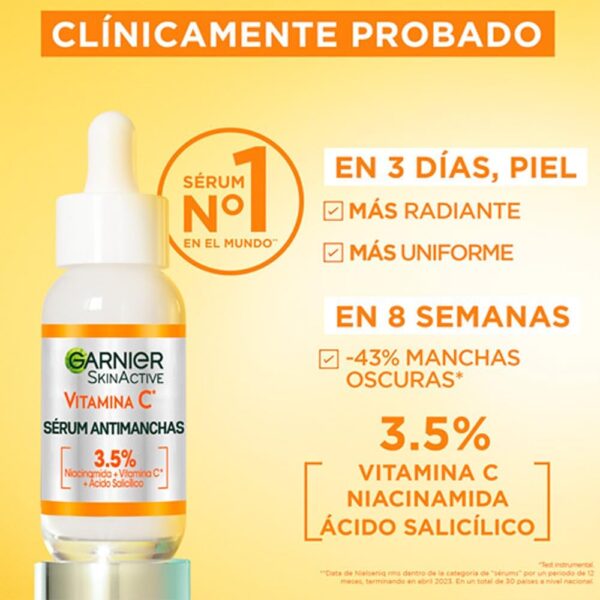 Garnier Vitamina C Pack rutina Antimanchas, Crema Fluida UV Diaria Iluminadora FPS50+ 40 ml, Garnier Sérum Anti Manchas con Vitamina C y Niacinamida 30 ml, Muestras Regalo - Image 4