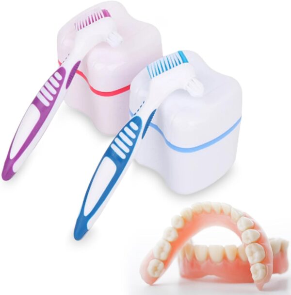 2 Cajas para dentaduras postizas, juego de cajas para dentaduras postizas con cepillo de dientes, Estuche Para Dentadura, Caja Dentadura kit, viene con cepillo de dientes (rosa + azul)