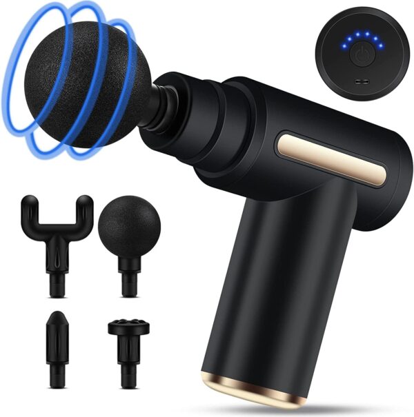 Mini Pistola de Masaje Muscular, Uplayteck Masajeador Muscular Portátil 35DB Ultra Silencioso con 6 Velocidades, 4 Cabezales de Masaje, Masajeador de Mano para Relajar Los Músculos Aliviar