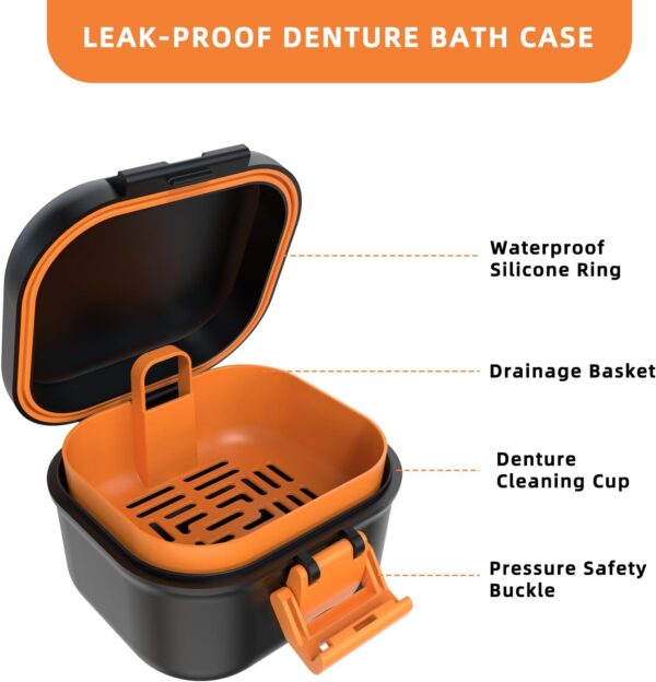 ARGOMAX Caja de prótesis a prueba de fugas, caja portátil para prótesis dentales, caja de dentaduras con colador, para prótesis dentales y aparatos ortopédicos (negro + naranja). - Image 6