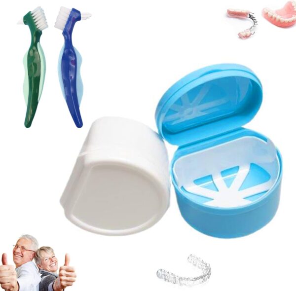 Caja para dentaduras postizas, Caja de almacenamiento para dentaduras postizas, Recipiente para limpieza de dentaduras postizas, con cepillo de dientes falso, para el cuidado de la dentadura postiza