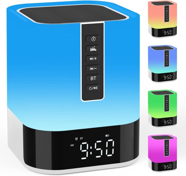 Lámpara de noche con reloj despertador, altavoz Bluetooth, luz nocturna, lámpara táctil para niños con máquina de sonido, luz LED regulable que cambia de color para dormitorio, regalos para