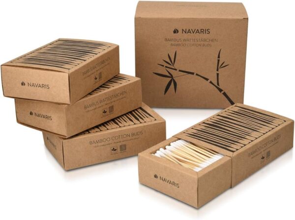 Navaris Bastoncillos para los oídos de bambú y algodón - 800 Palillos de orejas 100% reciclables biodegradables y ecológicos - 4 cajas de 200 uds. - Image 5