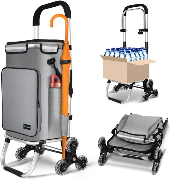 VOUNOT Carrito Compra Plegable de Aluminio, Carro de la Compra 6 Ruedas con Bolsa Impermeable Desmontable y Ganchos, 50L, Gris