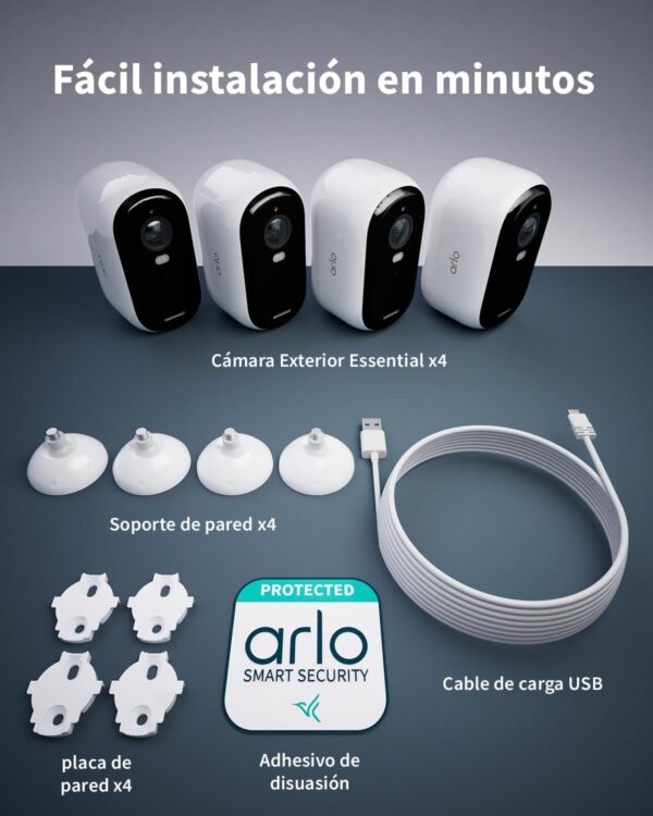 Arlo Essential 2 Camara Vigilancia WiFi Exterior HD, Camara Vigilancia WiFi Interior, Sensor de Movimiento, Alarmas Para Casa, Visión Nocturna En Color, Prueba Arlo Secure Incluida, 4 Cámaras, Blancas - Image 9