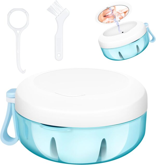 Caja Ferula Dental, Caja Dentadura Postiza, Caja Aparato Dental Portátil a Prueba de Fugas, Kit de Limpieza de Dentaduras Postizas con Cepillo Limpiador, Colador y Espejo