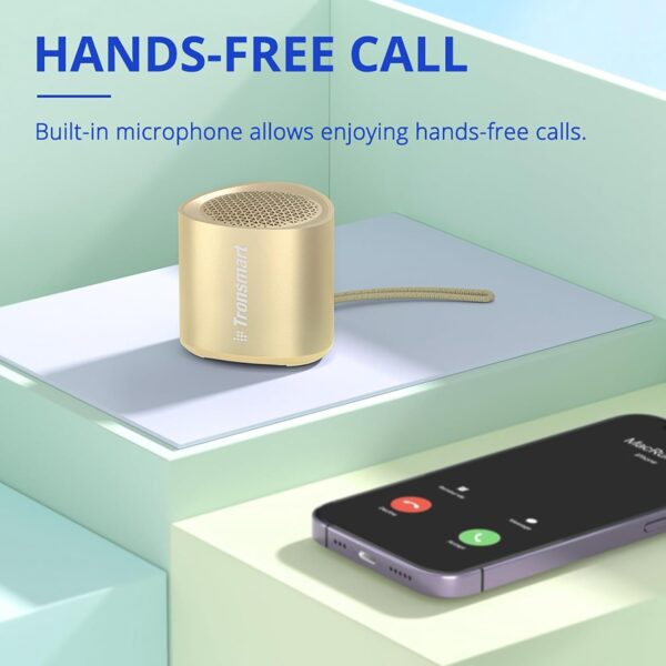Tronsmart Nimo Altavoz Bluetooth Portátil, IPX7 Impermeable, Bluetooth 5.3, Sonido Estéreo, Diseño Supercompacto, Artesanía de Metal, Mini Altavoz con Cordón, para Ducha, Viajes - Negro y Oro - Image 7