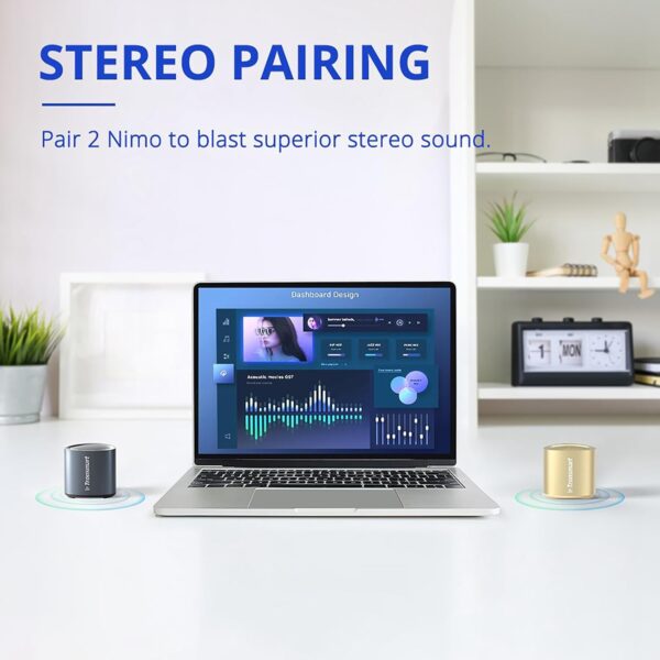 Tronsmart Nimo Altavoz Bluetooth Portátil, IPX7 Impermeable, Bluetooth 5.3, Sonido Estéreo, Diseño Supercompacto, Artesanía de Metal, Mini Altavoz con Cordón, para Ducha, Viajes - Negro y Oro - Image 6