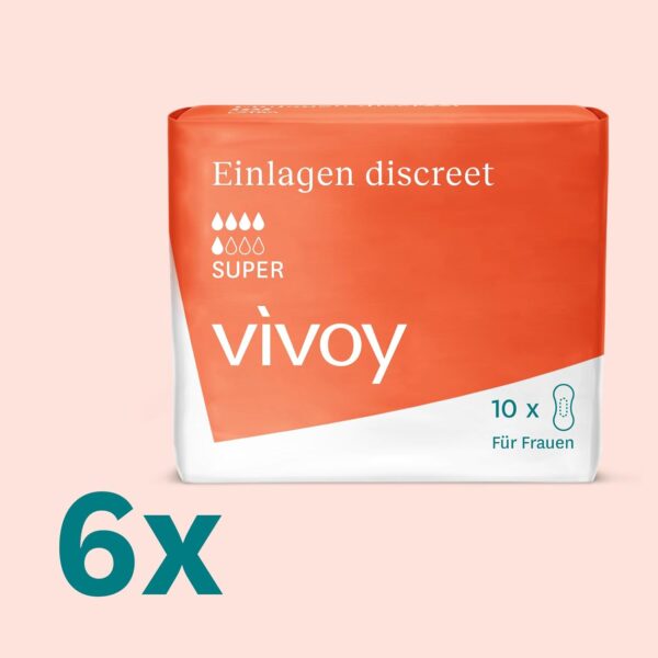 Vivoy Discreet Super – 60 compresas en paquete mensual (6 x 10 unidades) – para incontinencia e incontinencia moderada – compresas higiénicas para mujeres empaquetadas individualmente - Image 2