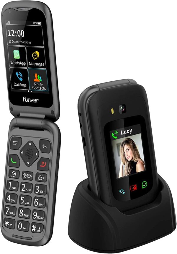 Funker E400I Comfort Pro - Telefono Móvil, Whatssapp 4G para Personas Mayores con Sistema Audio Pro, Amplificador y Compatible con Audífonos, Pantalla Táctil con GPS y Botón SOS, Facil de Usar (Negro)