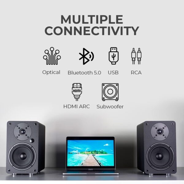 VULKKANO A5 ARC Altavoces Autoamplificados con Woofer de 5.25", Bluetooth 5.0, HDMI ARC, Optica, RCA, USB, con Salida Subwoofer, Monitores de Estudio HiFi con Diseño Elegante, Color Marron - Image 3