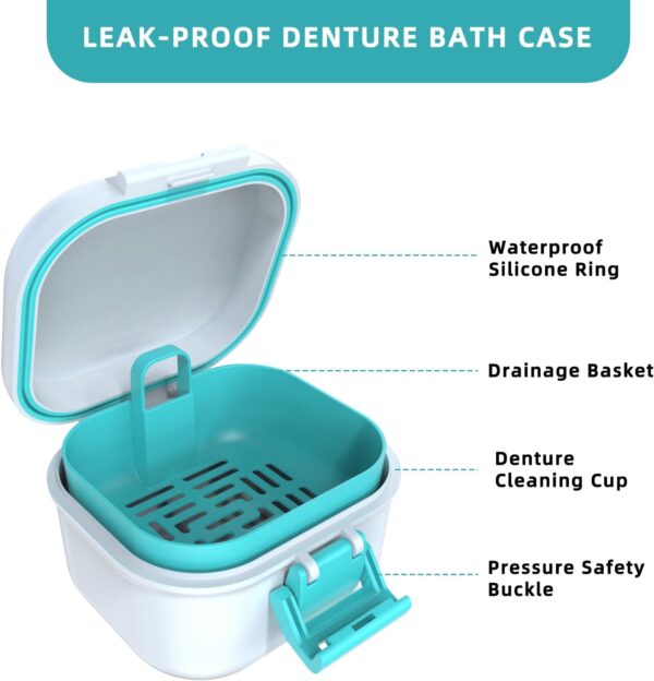 ARGOMAX Caja de prótesis a prueba de fugas, caja portátil para prótesis dentales, caja de dentaduras con colador, para prótesis dentales y aparatos ortopédicos (blanco + cian). - Image 6