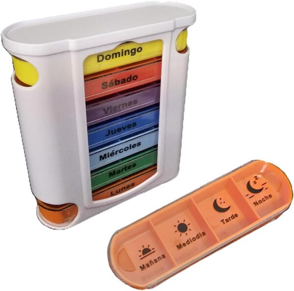 Pack de 2 Pastillero Semanal 4 Tomas Español, Pastillero Diario 7 Dias, Dosificador de Comprimidos con 28 Compartimentos, Organizador de Pastillas para Viaje Tinkipaly (2)