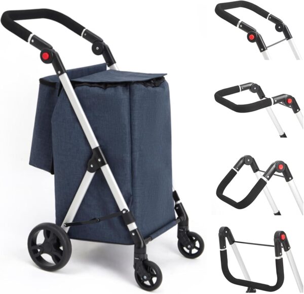 LEUYA ABC Carros de Compra, con Bolsillo para Congelados, 46L Carro de la Compra de 4 Ruedas, Carrito Compra Plegable de Aluminio (Azul)