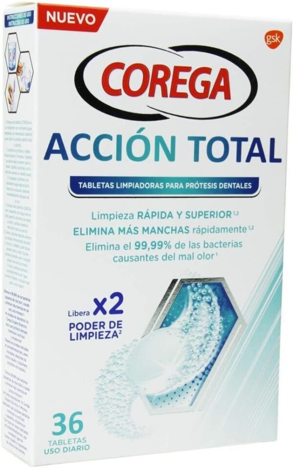 Corega Max Acción Total, Tabletas Limpiadoras Para Prótesis Dental, Cuidado e Higiene Oral Integral, Pastillas de Limpieza Diaria, Limpieza Profunda, 36 Tabletas