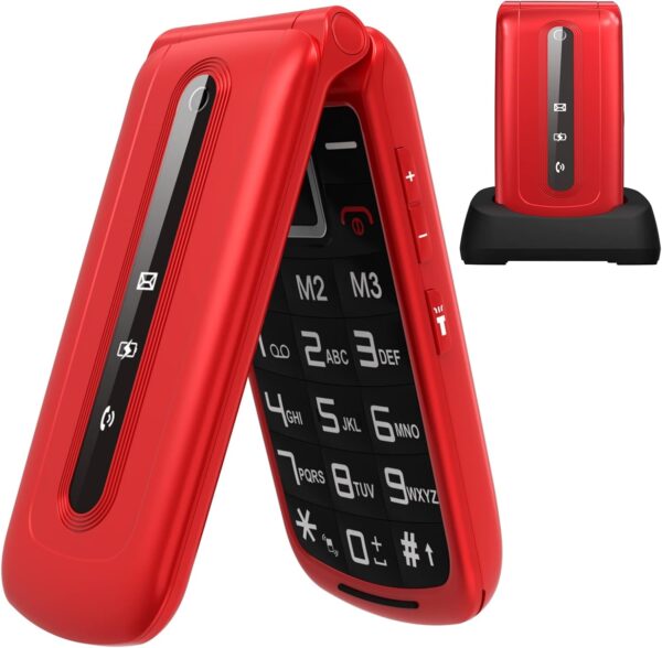 uleway Teléfono Móvil con Tapa para Mayores, Senior Móvil de Teclas Grandes, Pantalla de 2,4 Pulgadas, Botón SOS, Linterna, Cámara, Cuna de Carga, Fácil de Usar para Ancianos (Rojo) - Image 2