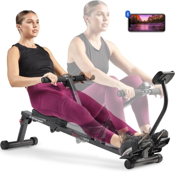 Sunny Health & Fitness Máquina de Remo Inteligente, Remo Ajustable Compacto con 12 Niveles de Resistencia de Entrenamiento Corporal Completo - SF-RW1205SMART