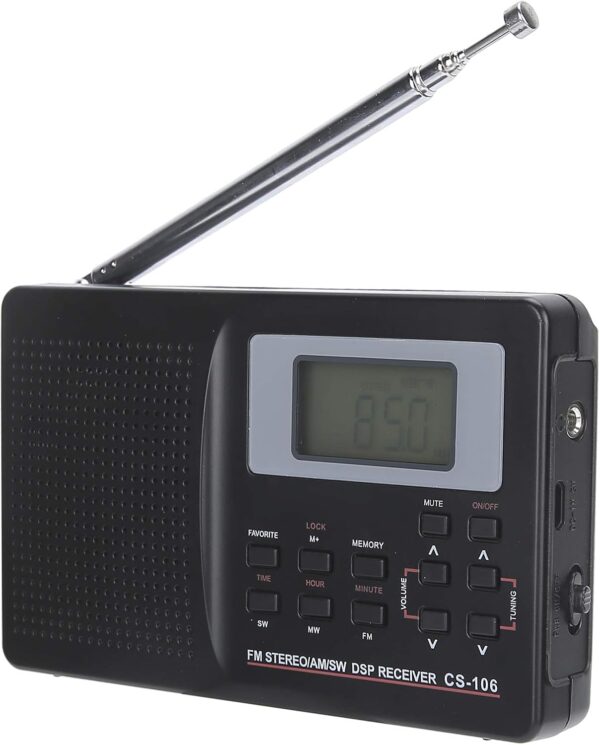 Goshyda CS‑106 Radio Portátil, Radio de Banda Completa Mini FM/Am/SW/MW/LW/Receptor de TV, Operado por 2 Pilas AA, con Auricular de Reloj Digital, para Personas Mayores Y Hogar