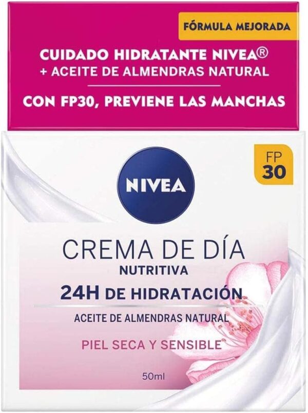 NIVEA Crema de Día Nutritiva FP30 (1 x 50 ml), crema facial con protector solar 30, crema hidratante facial para piel seca y sensible con manteca de karité