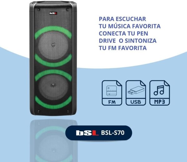 Altavoz Bluetooth BSL-S70 | 60W RMS | Bluetooth 5.0 con True Wireless | Batería de 3600 Mah | Radio FM y Reproductor MP3 vía USB-TF | Entrada Auxiliar y Doble Entrada de micrófono. Negro - Image 3
