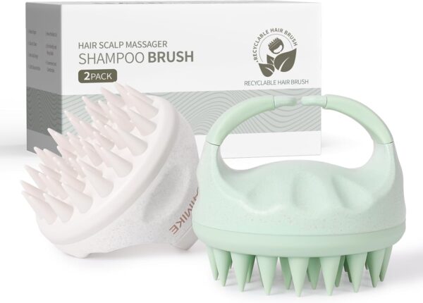 AIMIKE Cepillo de champú masajeador de cuero cabelludo, 2 cepillo de cuero cabelludo ecológico, cepillo exfoliante para lavado de cabello, cepillo exfoliante para la caspa(Beige y Verde)
