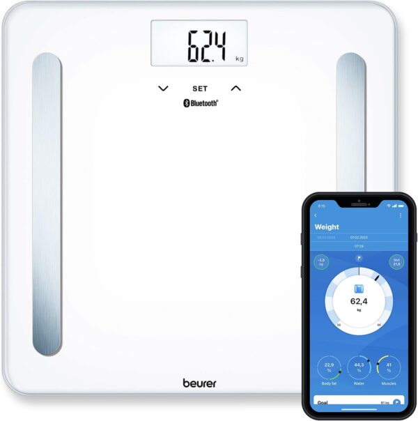 Beurer BF 600 - Báscula digital de diagnóstica con IMC y función Bluetooth de vidrio, con App en español, color blanco