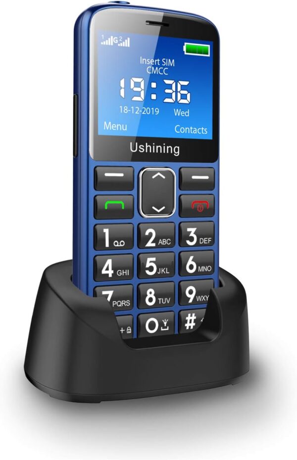 ukuu Teléfono Móvil para Personas Mayores con Botón SOS y Base Cargadora, Teclas Grandes Volumen Alto USB-C Bateria 1000mAh Pantalla Grande de 2,3 Pulgadas Fácil de Usar Celular para Ancianos - Azul